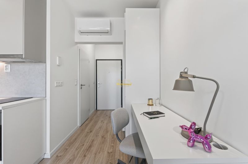 A workspace with a lamp and decoration, Studio apartment, floor with wood decor.