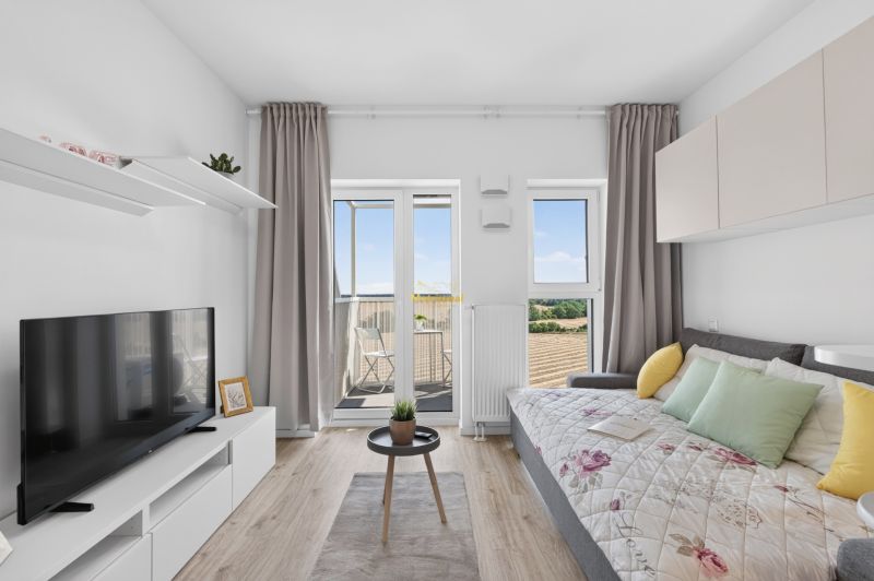 A studio apartment with a wooden floor design, a TV, a sofa, and access to a balcony.