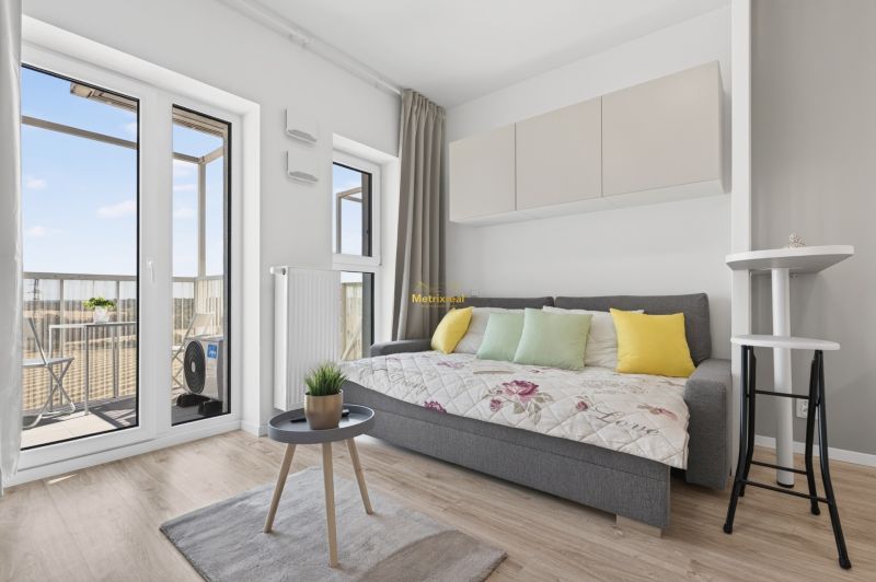 Studio apartment with a sofa, balcony, and wood-patterned flooring.
