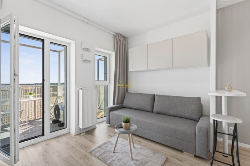 Bright studio apartment with a sofa, wood-patterned flooring, and a view of the balcony.