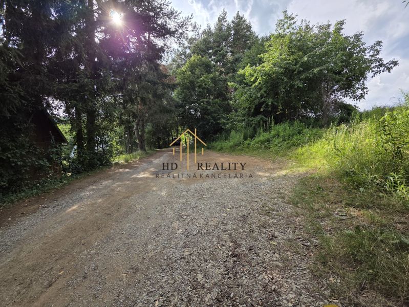 The driveway to the cottage in Banská Bystrica, surrounded by greenery and trees.