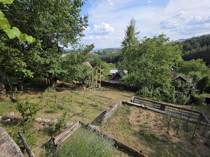 A garden by the cottage in Banská Bystrica surrounded by trees and hills on the horizon.