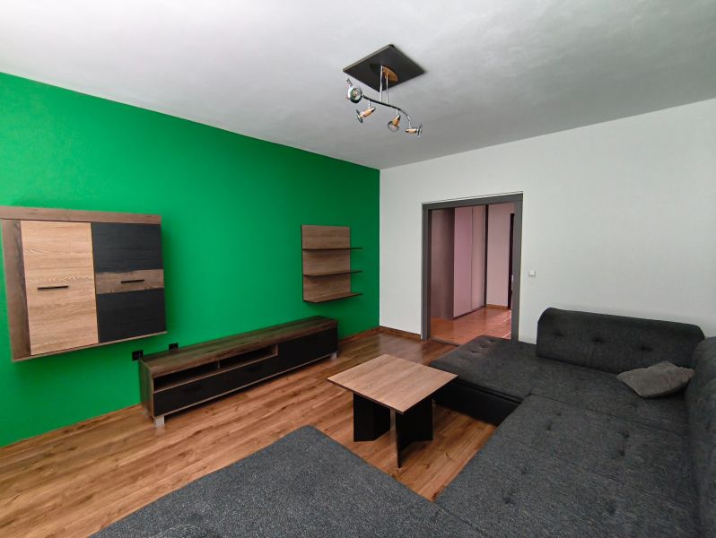 Living room with a colorful wall, gray sofa, and wooden decor flooring in a three-room apartment.