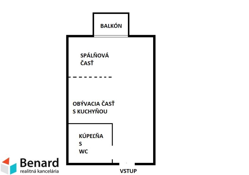 Layout of a 1-room apartment: bedroom and living area with kitchen, bathroom with toilet, balcony.