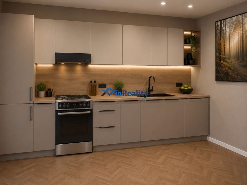 A kitchen in a family house with a wooden decor floor and modern cabinets.