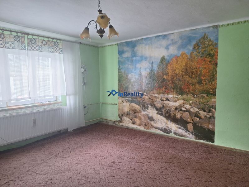 A room with carpet flooring, a nature wall mural, and a chandelier in a family house.