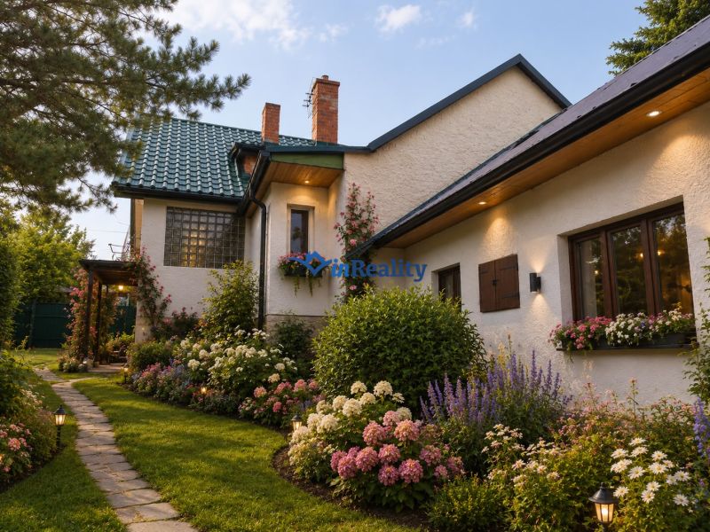 In Kosorín, a family house surrounded by a flower garden and a lit pathway.