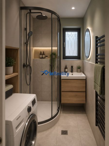 A bathroom in a family house with a washing machine, shower, and sink with a mirror.