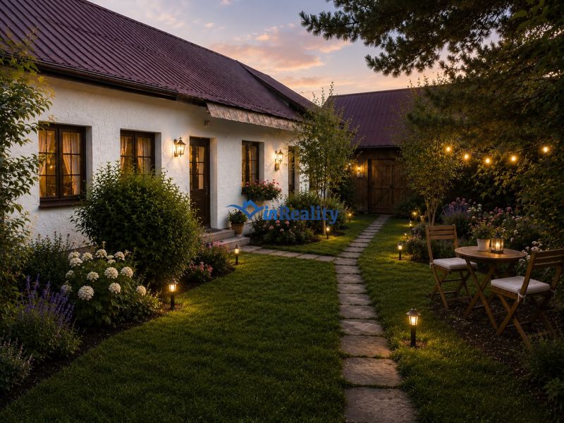 A family house in Kosorín surrounded by a garden, illuminated path, and garden furniture.
