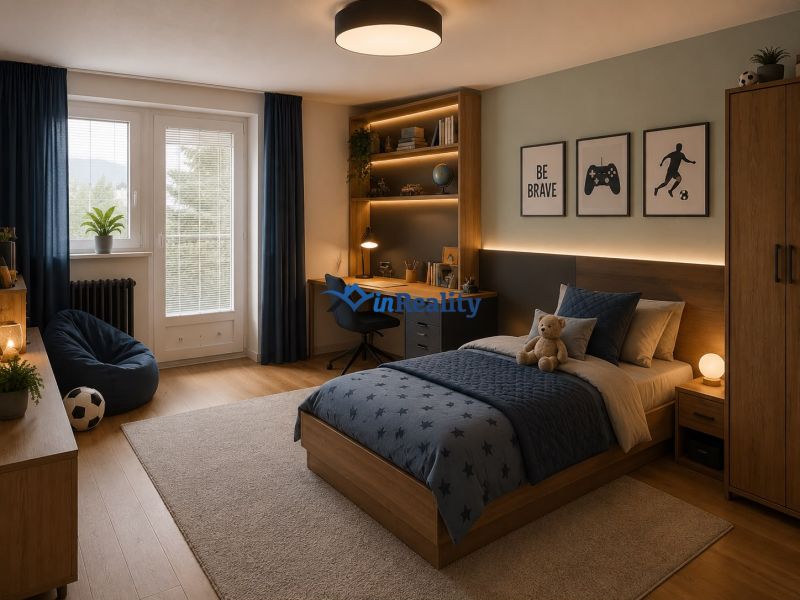 Children's room in a family house with decoration, bed, and floor with wooden decor.