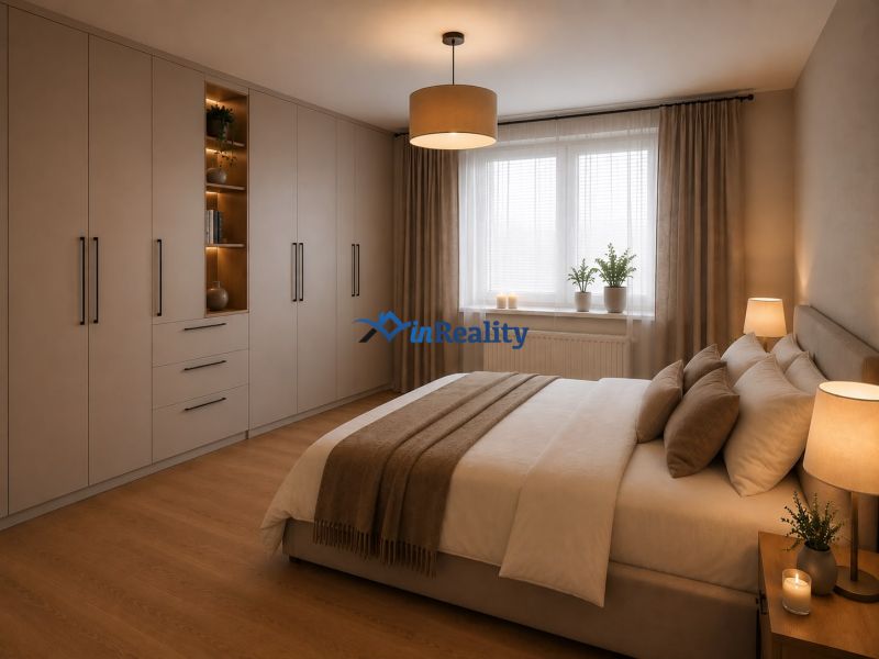 Bedroom in a family house with a bed, built-in wardrobes, and a floor with a wooden decor.