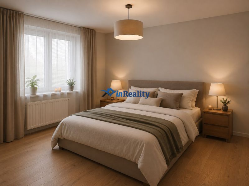 A bedroom in a family house with a bed and a wooden decor floor.