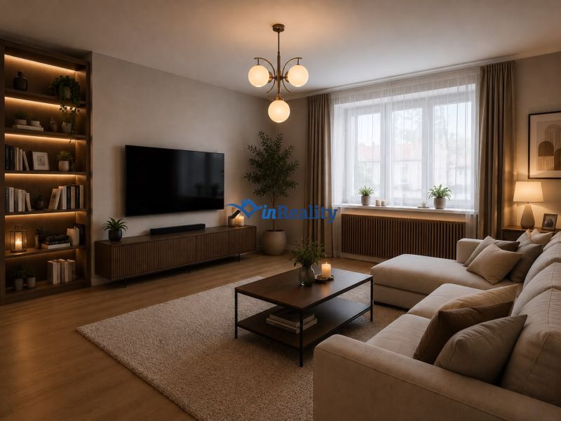 Living room in a family house with a large window, sofa, and illuminated shelf.
