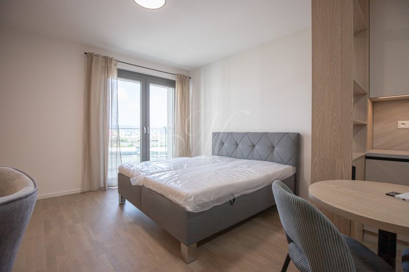 A bright bedroom with a bed, glass doors, and a wood-patterned floor in a studio apartment.