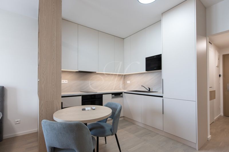 Kitchen corner in a studio apartment with a dining table and a floor with a wooden decor.