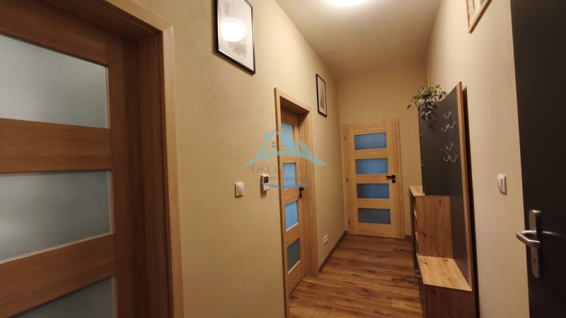 A hallway in a 2-room apartment with a wooden decor floor and wooden doors with glass.