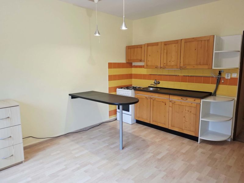A kitchen in a one-room apartment with a wooden decor floor, wooden cabinets, and orange tiles.