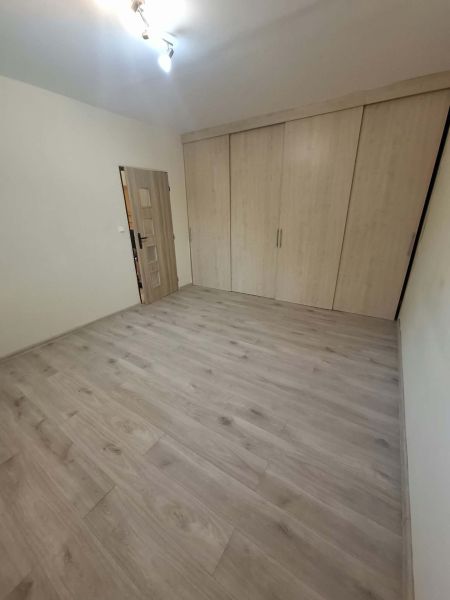A room with a wooden decor floor and a large built-in wardrobe in a studio apartment.