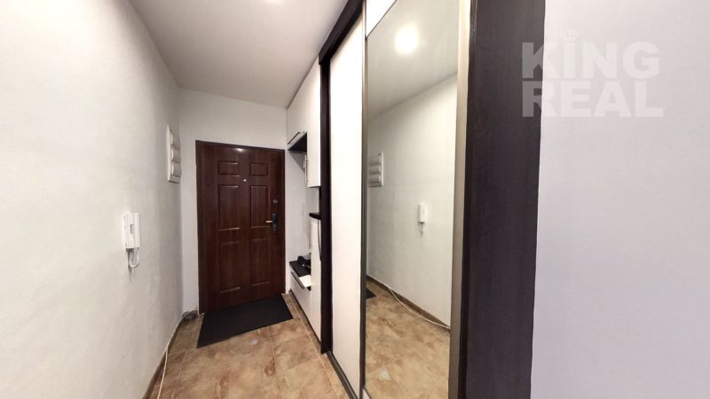 Entrance hallway in a 2-room apartment with wood-patterned flooring and a large mirror.