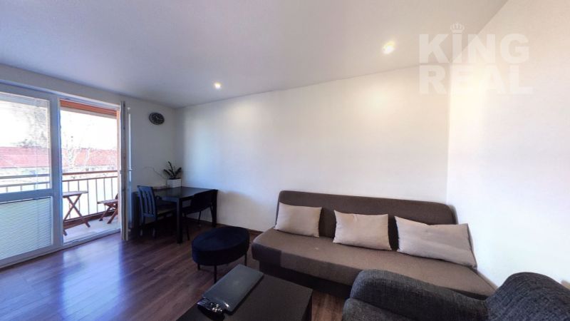 Living room of a two-room apartment with a wooden decor floor, a sofa, and a balcony.