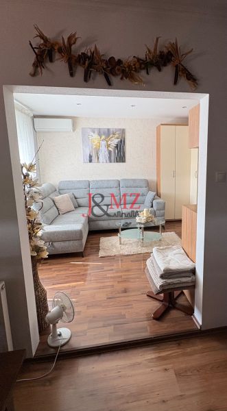 Living room with a corner sofa, decorative painting, and wooden-patterned flooring.