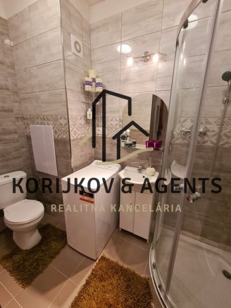 Compact bathroom in a 2-room apartment with a washing machine and a shower.