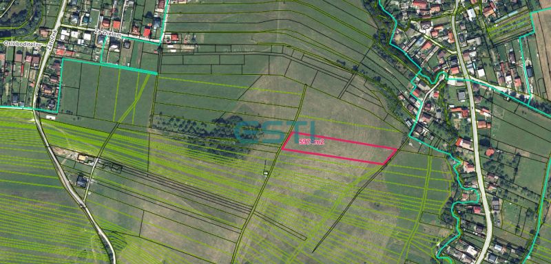 Aerial photograph of agricultural and forest lands in Stránske with the plot marked.