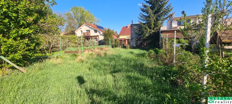 The garden behind the family house on Krájna Street in Trnava, with a lawn and greenery.