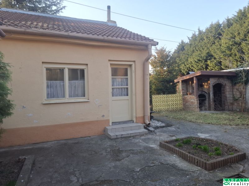 A family house on Krajná Street in Trnava with a yard and an outdoor fireplace.