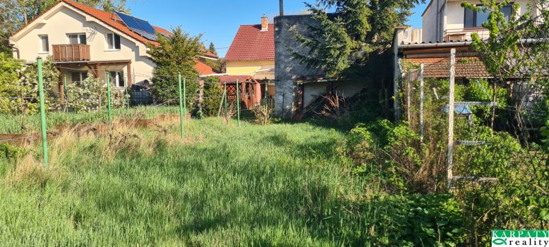 A garden with tall grass and family houses on Krajna Street in Trnava.