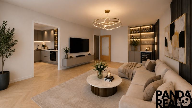 Living room in a 3-room apartment with a sofa, wooden decor flooring, and a built-in kitchen.