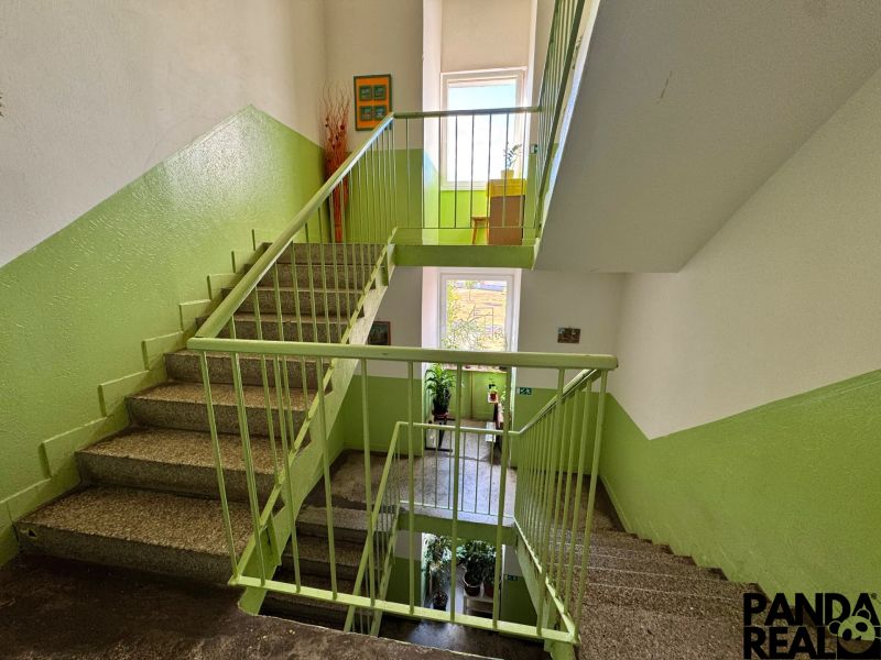 The staircase in the apartment building with colorful walls on Ďumbierska Street in Nitra.