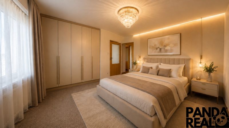 A bedroom in a 3-room apartment with a large bed, built-in wardrobes, and a chandelier.
