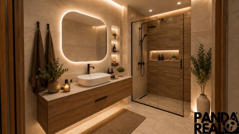 A bathroom in a 3-room apartment with wood-patterned flooring, modern lighting, and a shower enclosure.