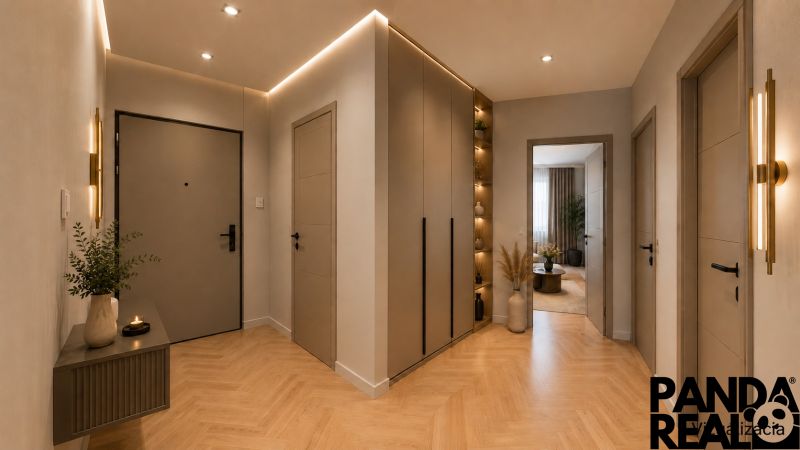 The entrance hall of a three-room apartment with a wooden decor floor and stylish lighting.