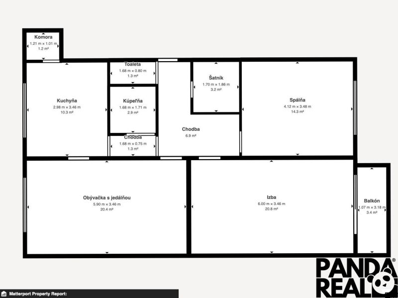Floor plan of a 3-room apartment with the layout of rooms, kitchen, and balcony.