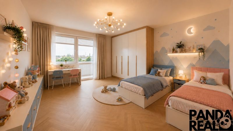 Children's room with two beds, a desk, and a floor with a wood decor.
