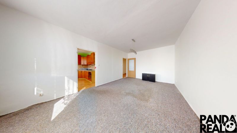Living room with a carpet, a sideboard, entrance to the kitchen in a 3-room apartment.