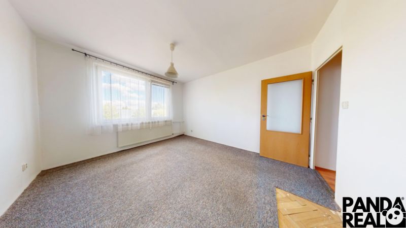 A room in a 3-room apartment with a carpet, white walls, and wooden doors.