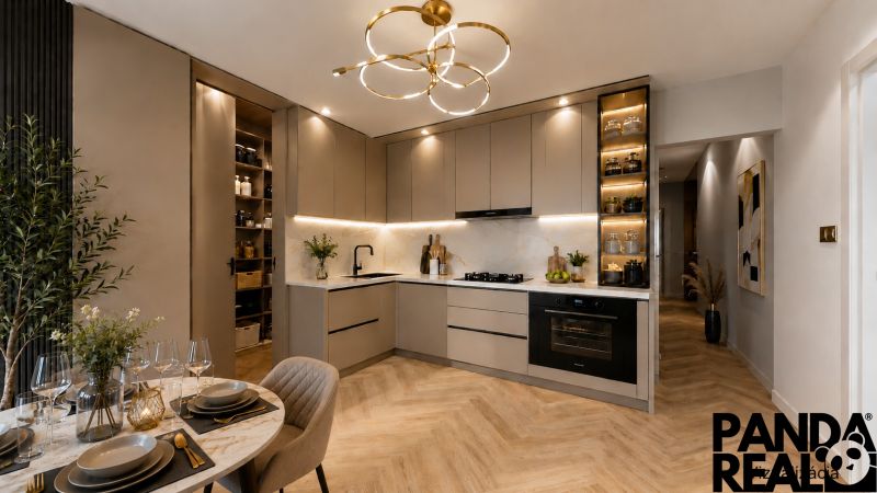 A kitchen in a 3-room apartment with elegant lighting and a wooden decor floor.
