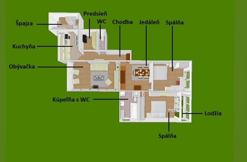 Floor plan of a 3-room apartment with a kitchen, living room, two bedrooms, and a loggia.