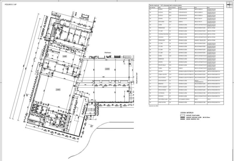Ground floor construction plan of hotels and guesthouses with rooms and wellness in Vysoké Tatry.