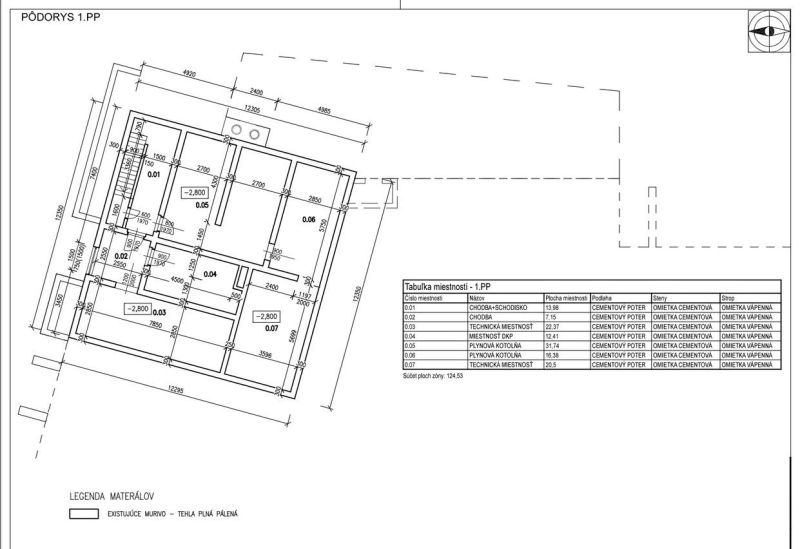 Floor plan with room layout, material legend, and area table.