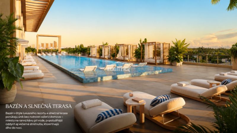 Luxury rooftop terrace with a pool and loungers offering a beautiful view in Miami.