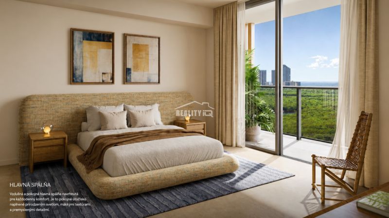 Bedroom in a studio apartment with access to a balcony, bright walls, plants, and decorative paintings.
