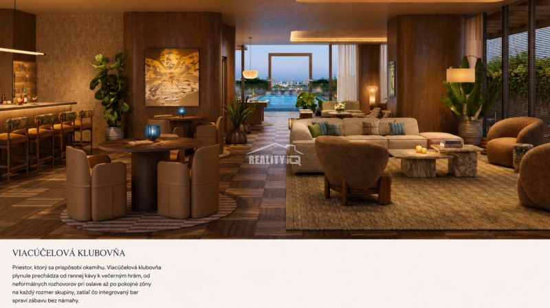 A multifunctional clubroom with stylish furnishings and a wood-patterned floor.