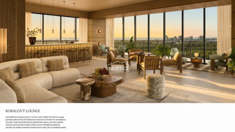 Luxury lounge with wooden decor, comfortable seating, and panoramic view in a studio apartment.