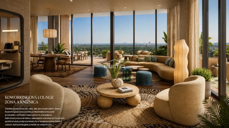 Lounge zone with wood-decor flooring and panoramic exterior views.