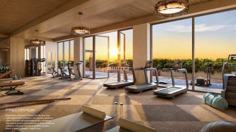 Fitness center with a view of the sunset, equipped with cardio machines and strength training equipment.