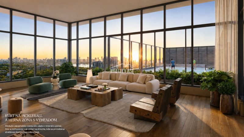 Interior of a 1-room apartment with a panoramic view, comfortable seating, and a floor with a wooden decor.